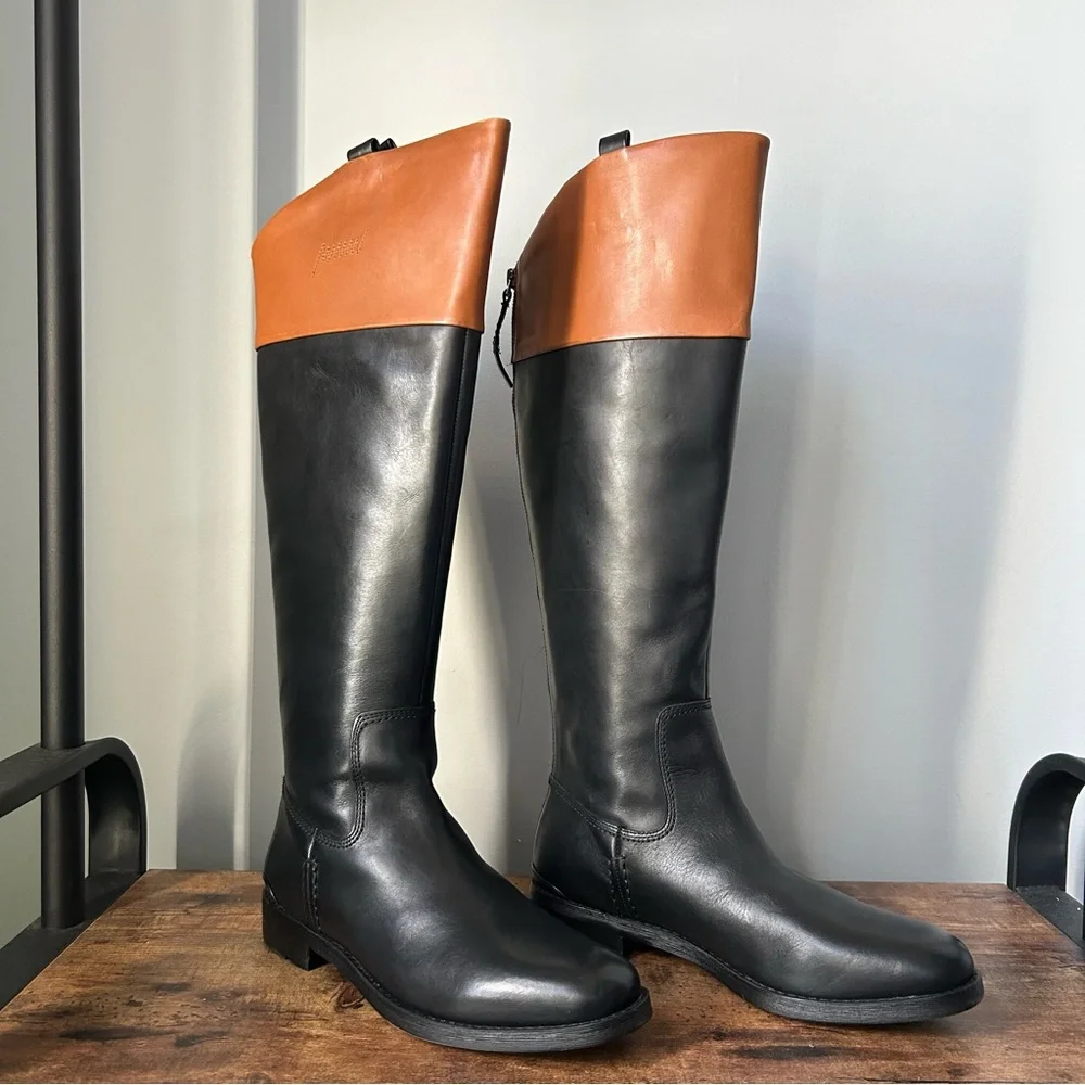 Franco Sarto Women's Meyer Knee High Riding Boots in black and brown leather 8.5
